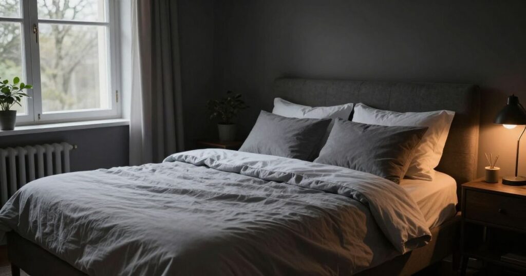 Chambre calme et rangée, lit fait, lumière douce du matin filtrant par la fenêtre