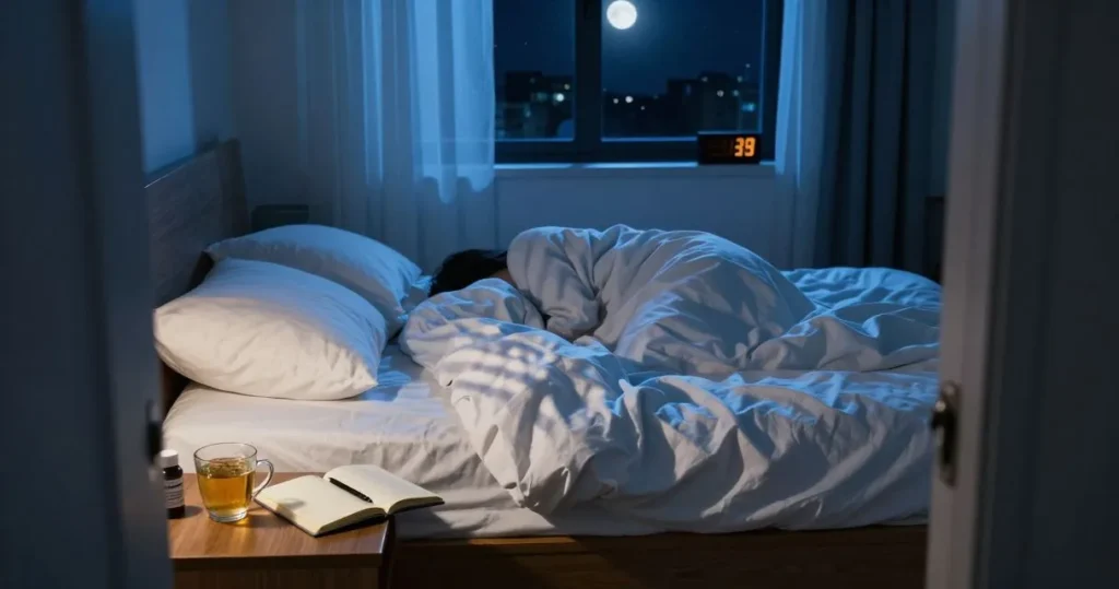 Personne anxieuse éveillée la nuit dans son lit, fixant le plafond, incapable de trouver le sommeil