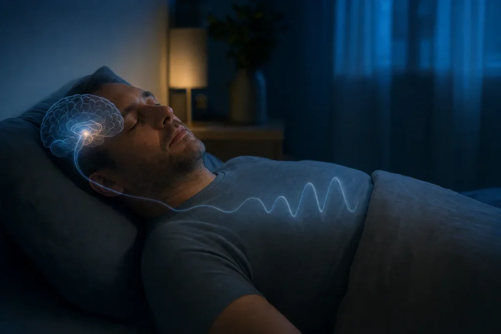 Person sleeping calmly with a subtle brain and breathing wave overlay representing central sleep apnea.