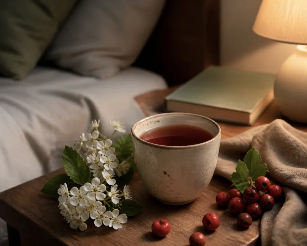 Une tasse de tisane d’aubépine posée près d’un lit dans une ambiance douce et apaisante du soir.