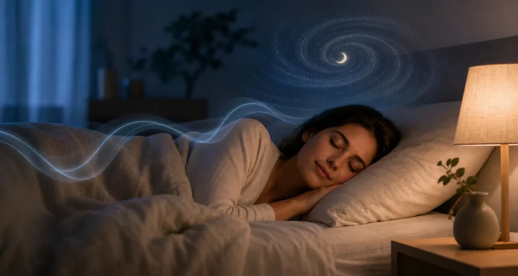 Personne endormie dans une chambre calme avec des formes lumineuses douces évoquant la respiration et l'auto-hypnose au couch