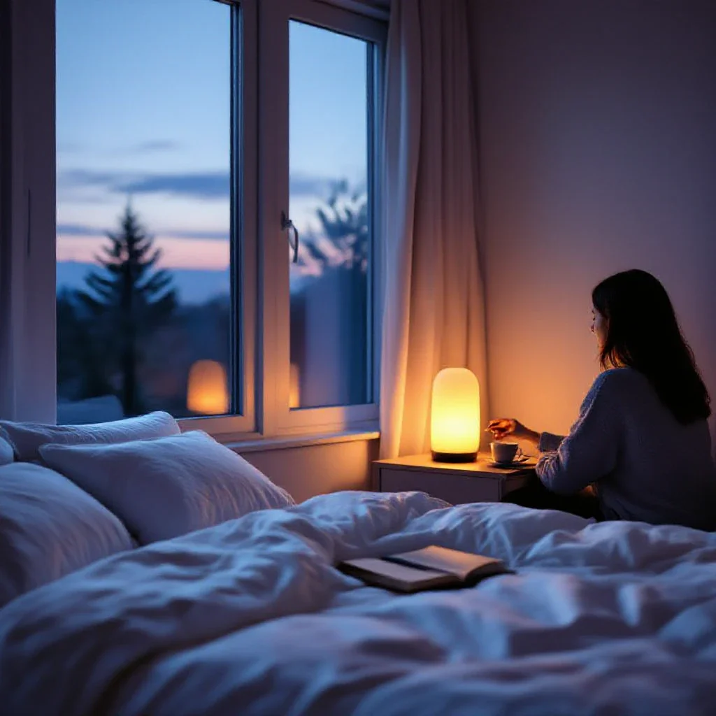 A dimly lit, calming bedroom scene at dusk with a person turning off a warm lamp, symbolizing a healthy evening routine befor