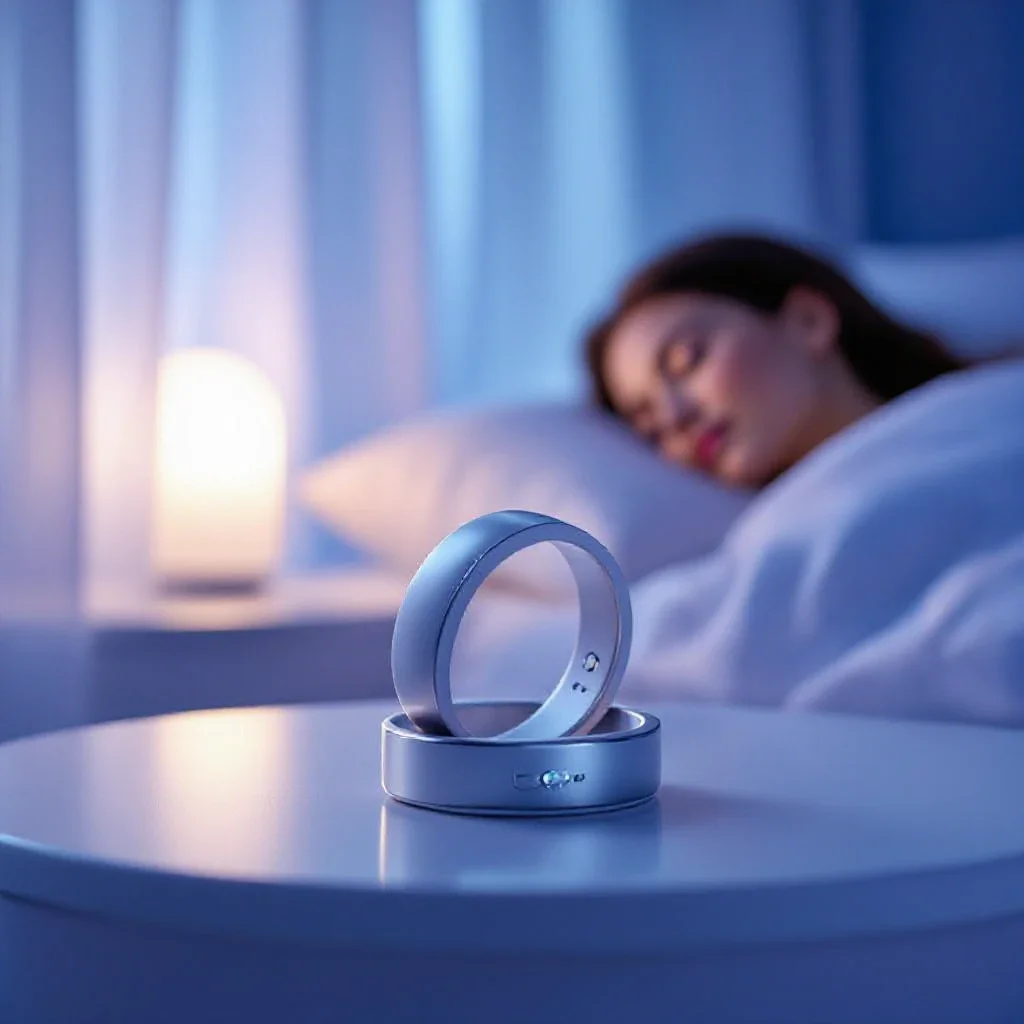 Bague anti-ronflement posée sur une table de nuit dans une chambre éclairée par la lune