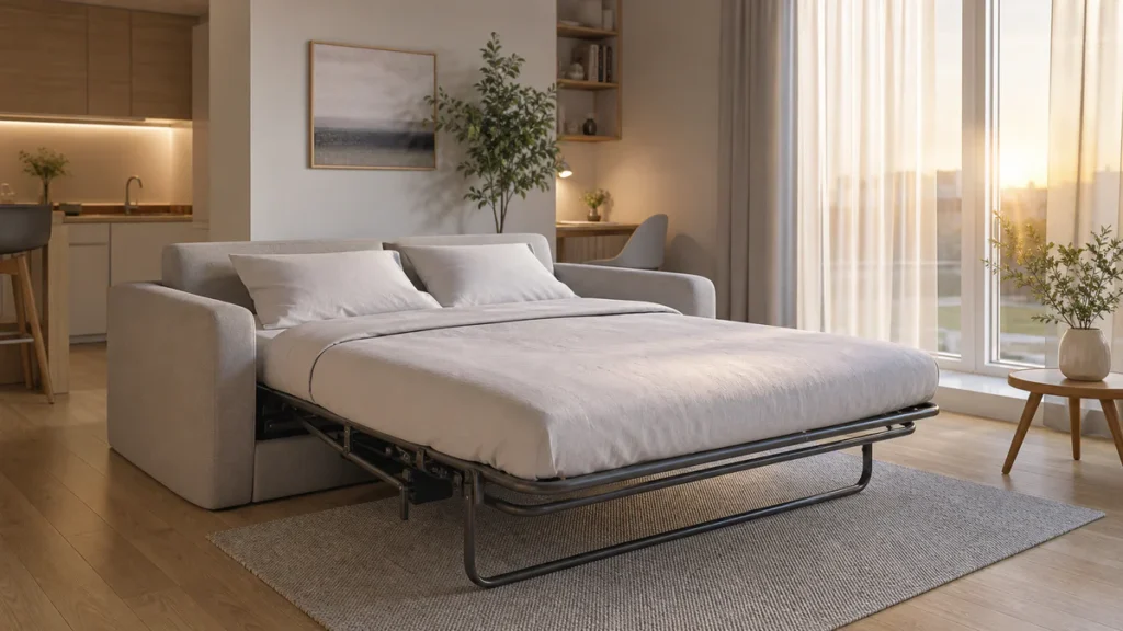 Canapé lit moderne ouvert dans un studio lumineux avec matelas épais et literie soignée pour un couchage quotidien confortabl