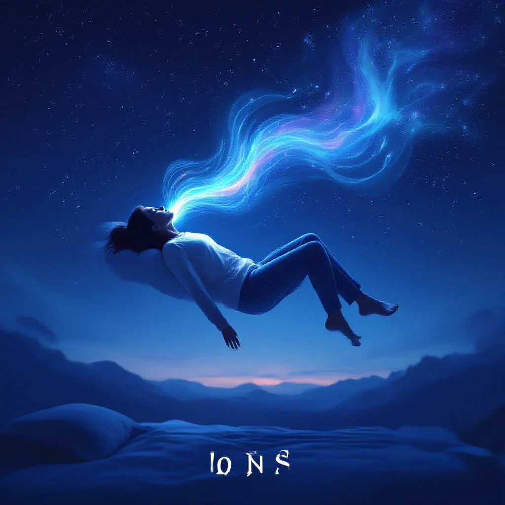 Surreal digital illustration of a person floating in a starry night sky, transitioning into deep sleep with glowing energy wa