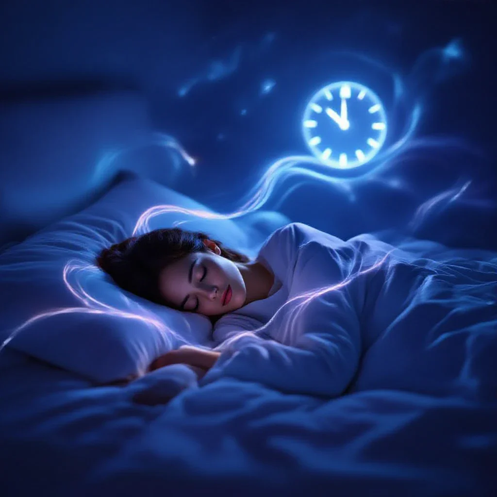 Dormeur en apesanteur dans une chambre sombre, une horloge se dissolvant autour de lui