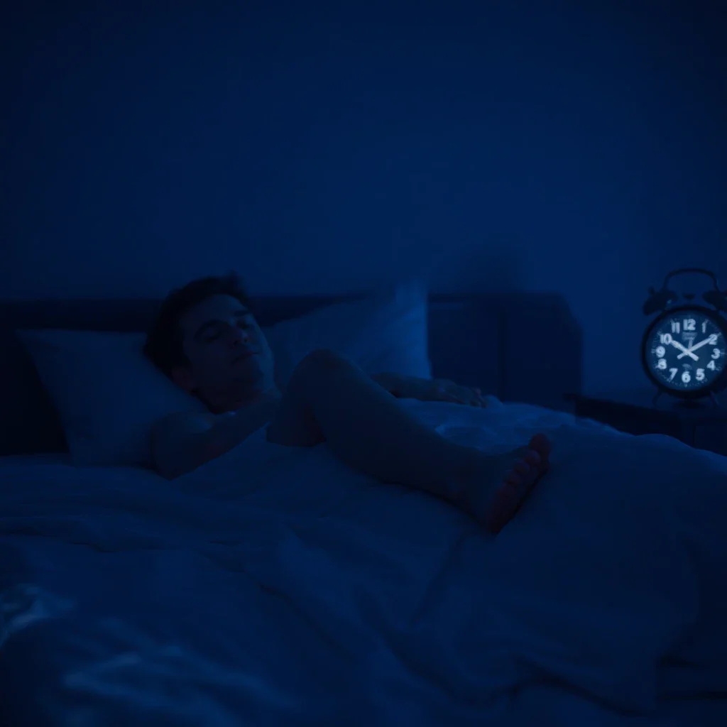 A person lying in a dimly lit bedroom at night, one leg visibly restless and blurred under the sheets, symbolizing the sleep