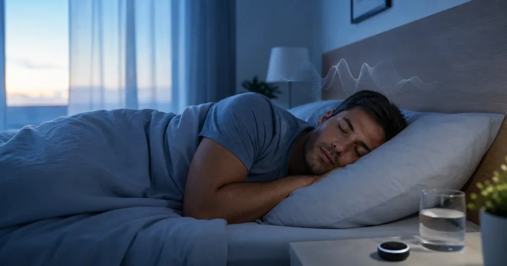 Personne dormant dans une chambre calme avec des éléments visuels suggérant une respiration irrégulière pendant le sommeil.