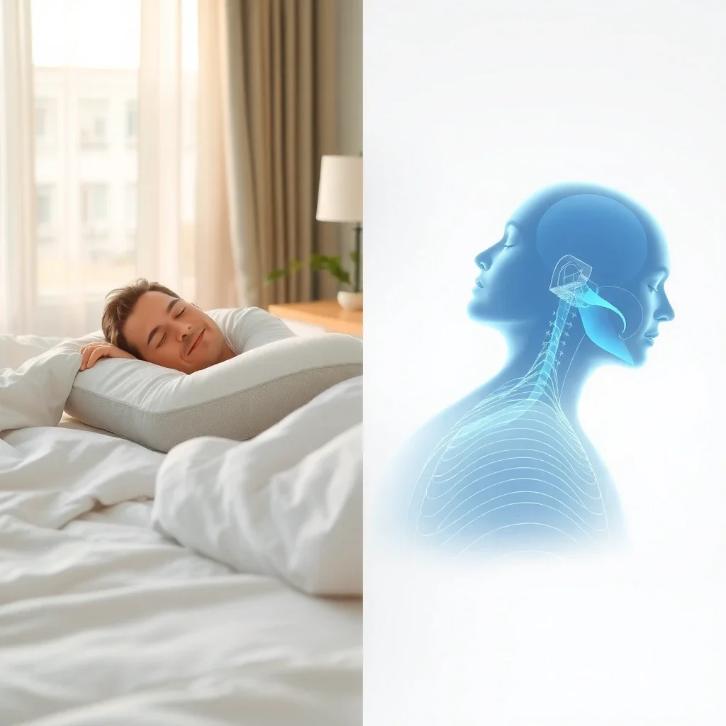 Split image showing a person sleeping peacefully on an ergonomic anti-snoring pillow beside a translucent anatomical illustra