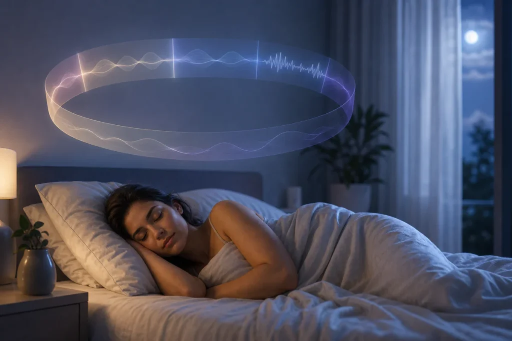 Illustration apaisante d’un adulte endormi dans une chambre calme avec des formes lumineuses circulaires symbolisant les cycl