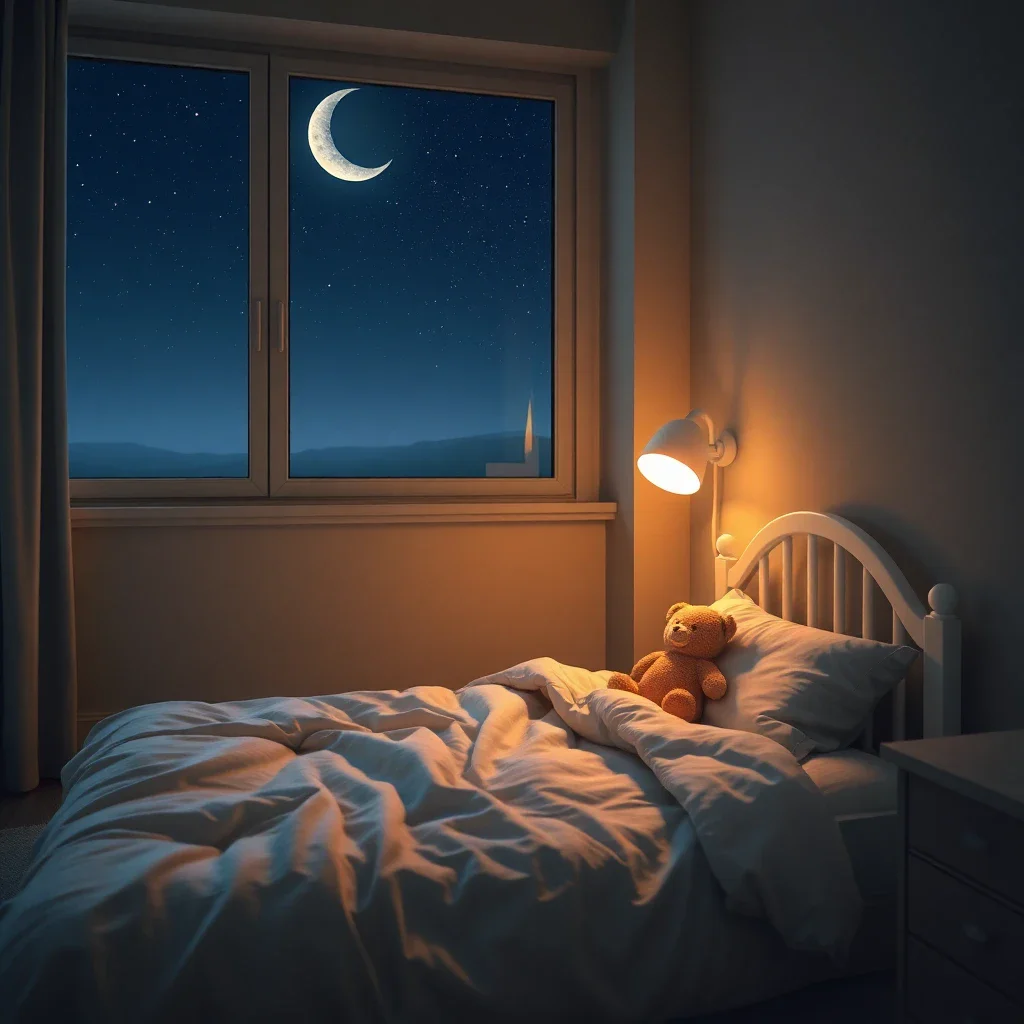 A calm, dimly lit child's bedroom at night with an empty bed, soft moonlight, and a glowing nightlight, symbolizing the chall