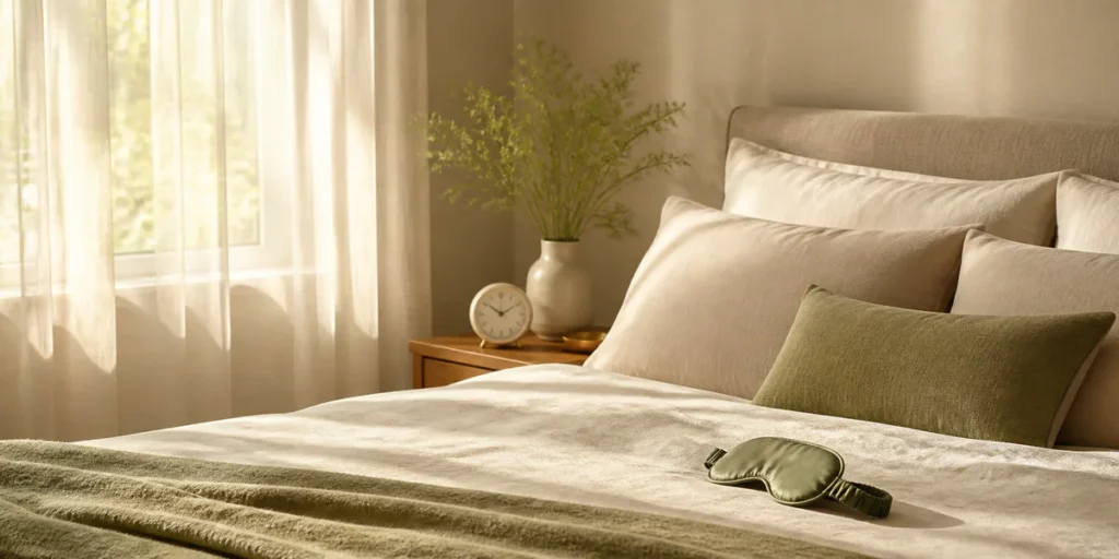 A serene bedroom with soft afternoon light, linen bedding, a sleep mask and an alarm clock suggesting a short restorative nap