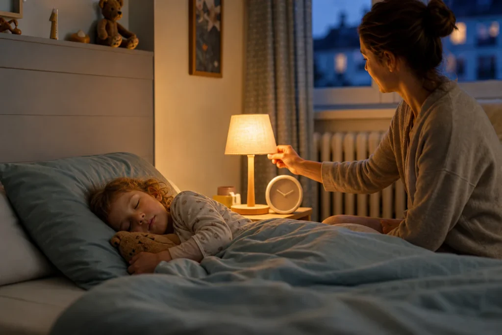 Un enfant dort paisiblement dans sa chambre le soir pendant qu'un parent règle doucement l'ambiance près du lit.