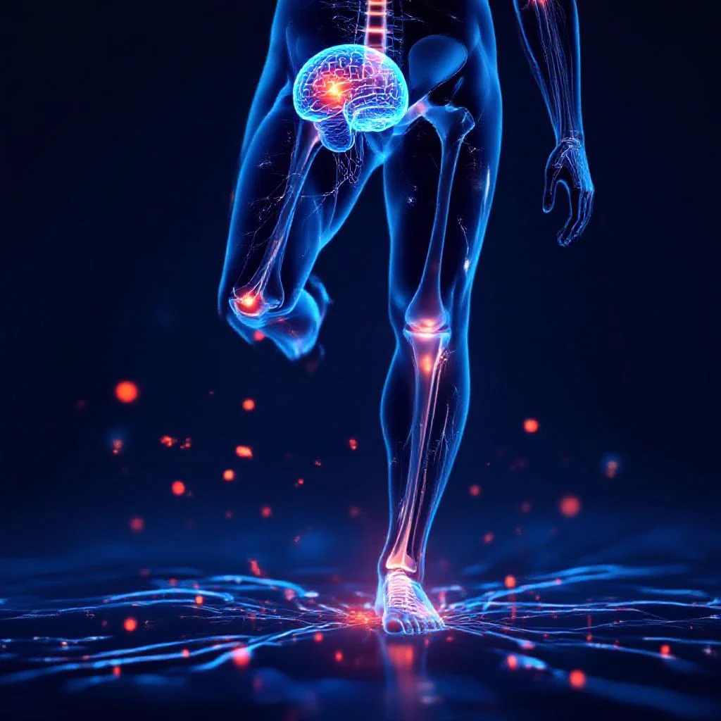 Artistic medical illustration of the human nervous system highlighting the brain and legs, with glowing neural pathways and i