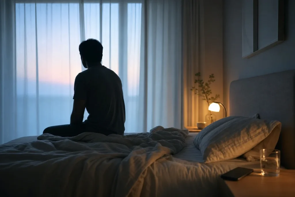 Person sitting on the edge of an unmade bed in soft dawn light after a restless night.