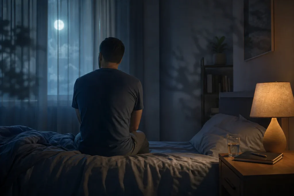 Person awake at night in a calm bedroom after a nightmare, with soft light suggesting reassurance and practical steps toward