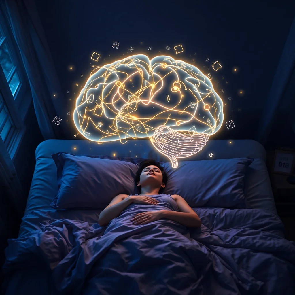 Vue aérienne d'un dormeur au clair de lune, pensées agitées figurées au-dessus de sa tête