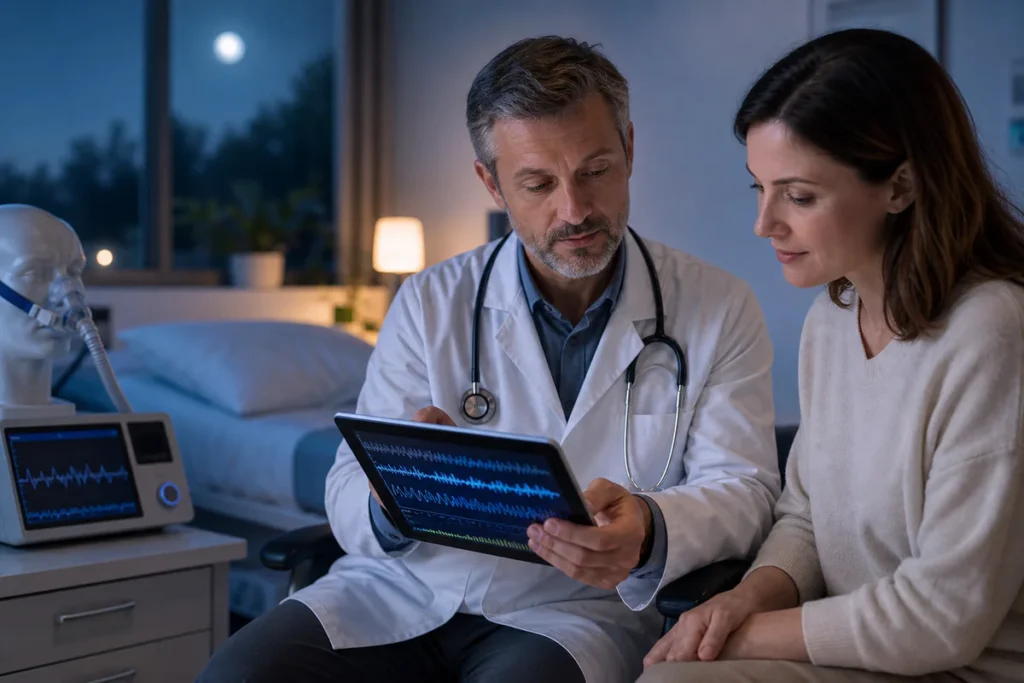 Un médecin du sommeil consulte un patient dans un cabinet médical calme avec une ambiance nocturne apaisante.