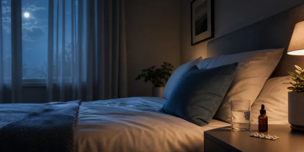 Bedside table at night with sleep-related medicine items, water, and soft lighting in a calm bedroom.