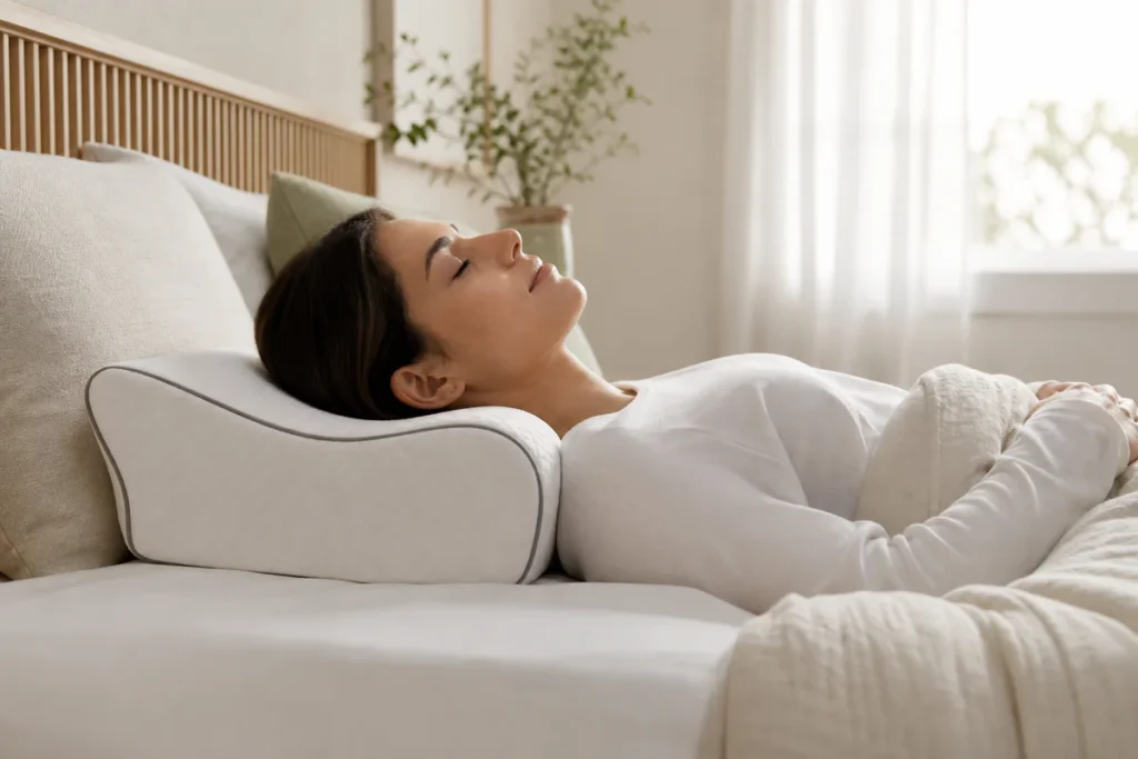 Un oreiller ergonomique sur un lit moderne illustrant le bon alignement de la tête, du cou et de la colonne pendant le sommei