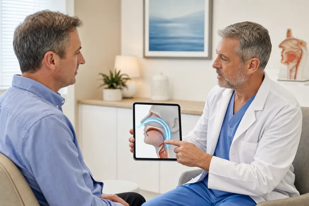 ENT specialist discussing snoring-related airway obstruction with a patient in a calm medical consultation setting.