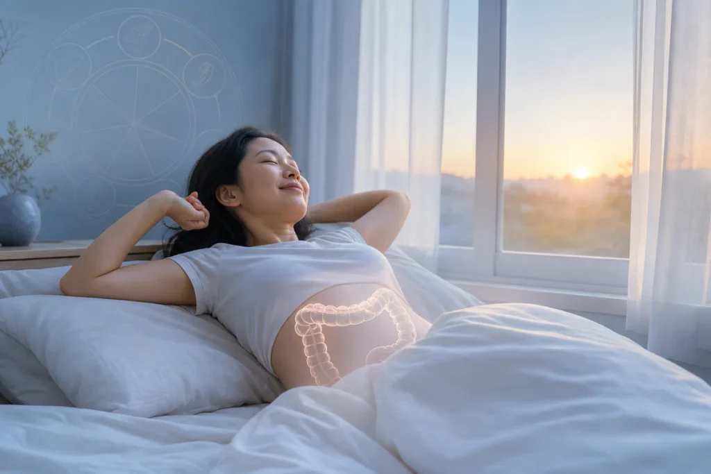 Person waking calmly at dawn with a subtle body clock and digestive system visual suggesting the large intestine.