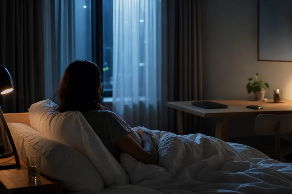 Personne éveillée la nuit dans une chambre calme, avec un ordinateur fermé au loin évoquant le lien entre travail, stress et