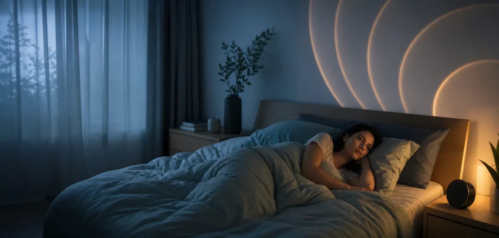Une personne éveillée dans une chambre calme avant l'aube, évoquant un réveil nocturne vers 4 heures du matin.