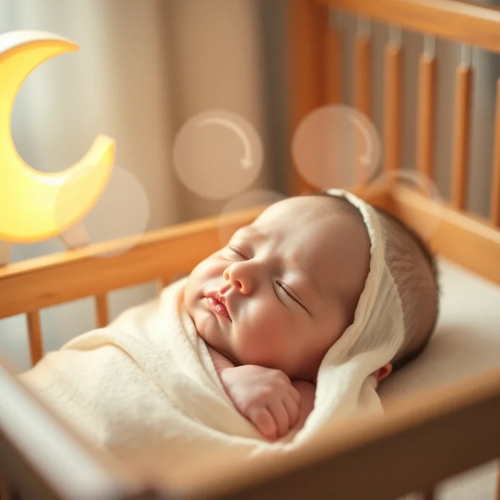 A peacefully sleeping newborn in a bassinet under the warm glow of a moon-shaped night light, with abstract visualizations of