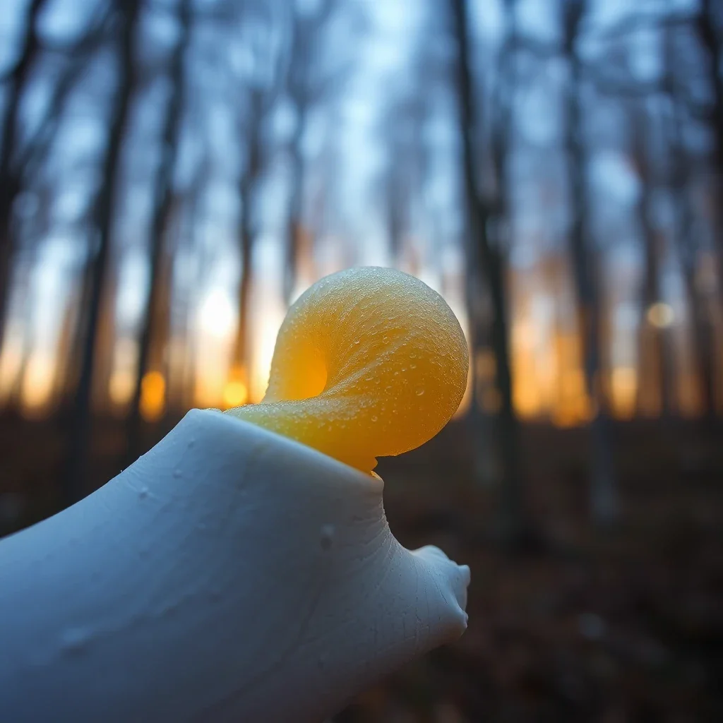 Vue macro d'une sève de bouleau dorée s'écoulant sur un tronc dans une forêt paisible à l'aube, symbolisant le lien entre une