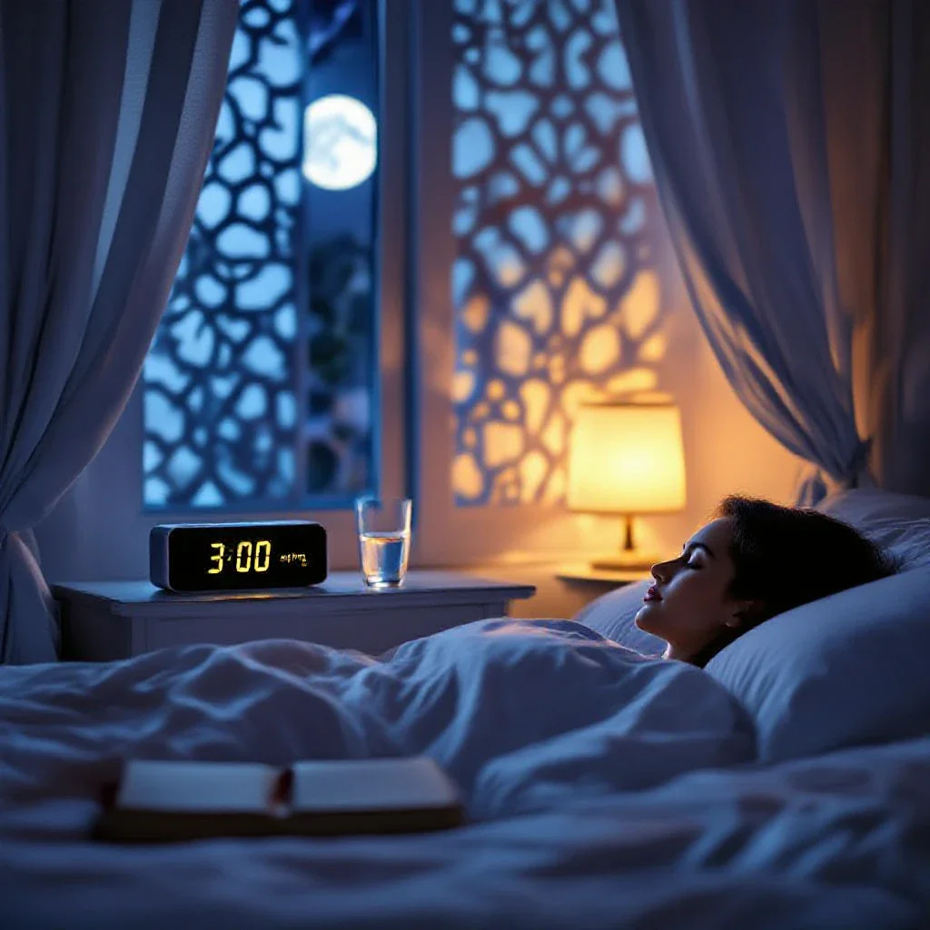 Chambre au clair de lune, réveil affichant 3 h et ombres géométriques d'un moucharabieh