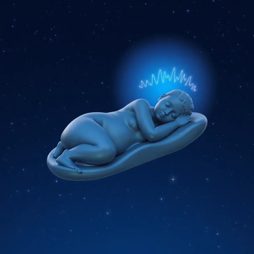Silhouette endormie flottant dans un ciel étoilé indigo parcouru d'ondes cérébrales