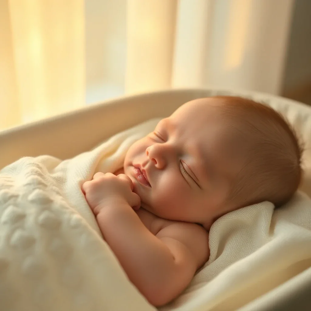Close-up of a peacefully sleeping one-week-old newborn swaddled in a bassinet, bathed in warm, gentle light.