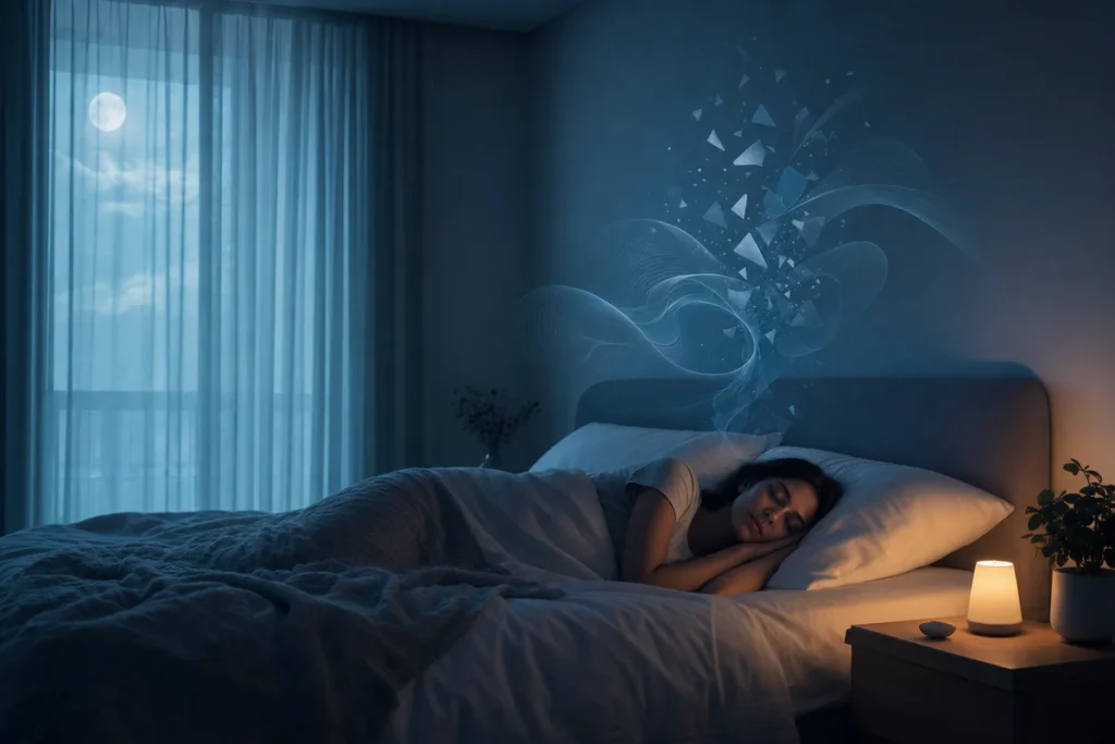 Person sleeping in a calm bedroom while fragmented dream-like waves symbolize disrupted REM sleep.