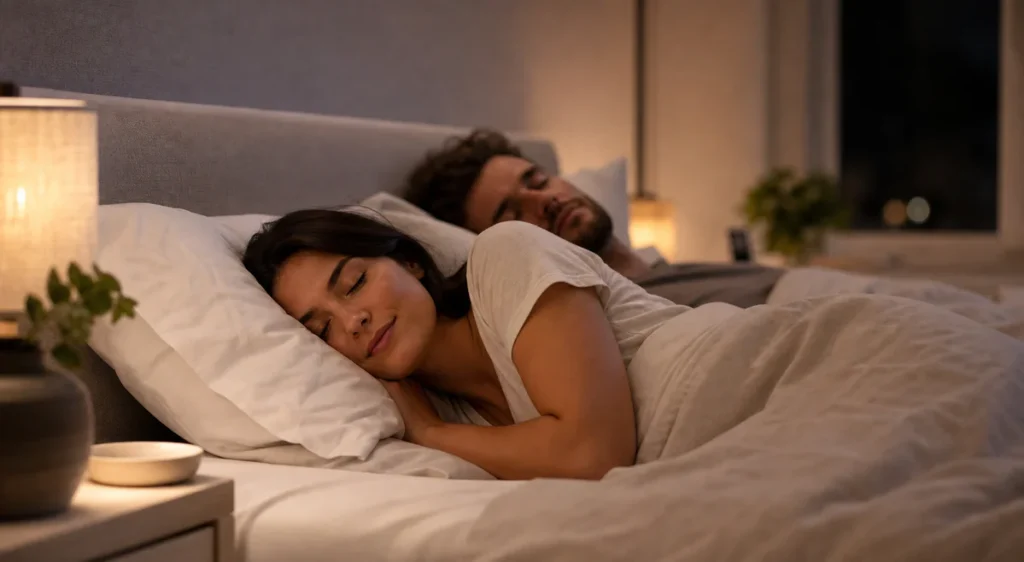 Une femme dort paisiblement sur le côté dans une chambre calme, illustrant des solutions pour réduire le ronflement féminin.