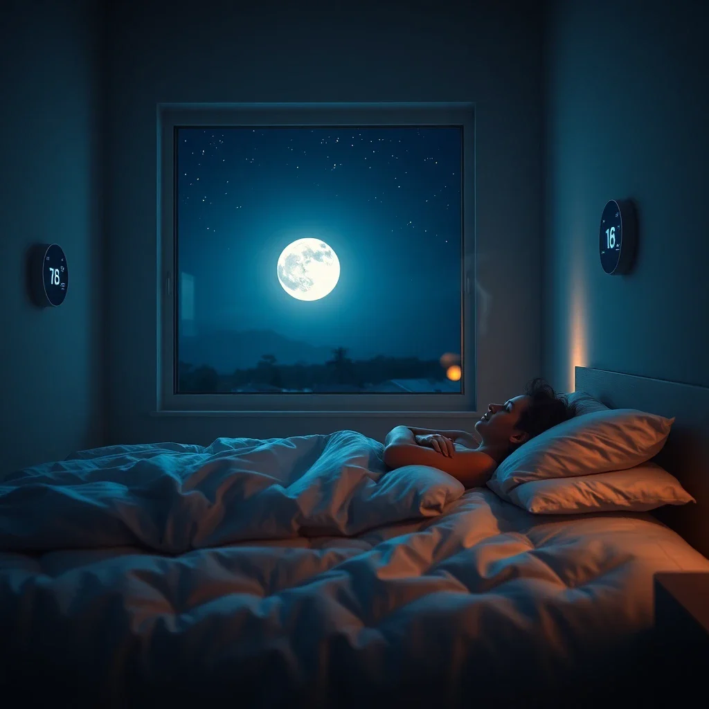 Une chambre à coucher sereine et moderne la nuit, avec un thermostat réglé sur 18 degrés Celsius. Une personne dort paisiblem