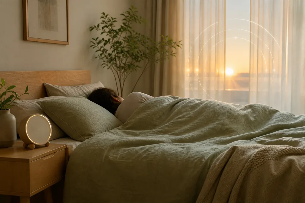 Adulte dormant paisiblement dans une chambre calme au lever du jour, symbolisant un temps de sommeil suffisant.