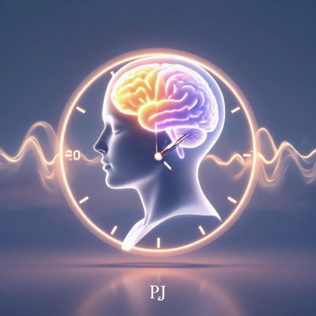 Abstract digital illustration of a human profile with a glowing brain and a clock, representing the science of the ideal 20-m