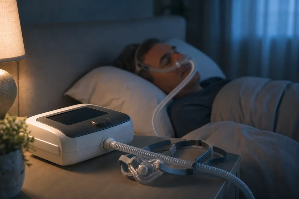 Une personne dort paisiblement avec un masque respiratoire relié à un appareil de ventilation non invasive posé sur une table