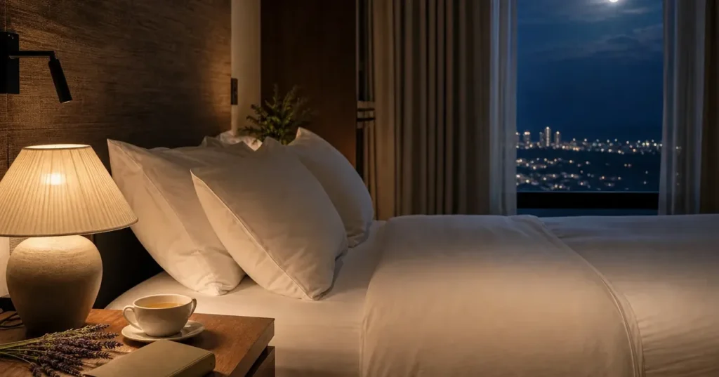 Chambre d’hôtel paisible préparée pour une nuit réparatrice