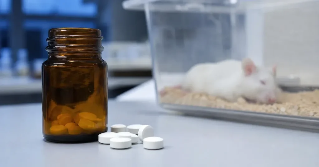 Flacon de mélatonine et souris en laboratoire de recherche Alzheimer