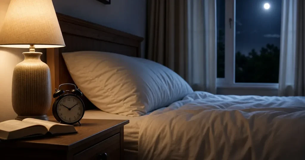 Chambre de nuit apaisée avec lampe allumée et lit blanc