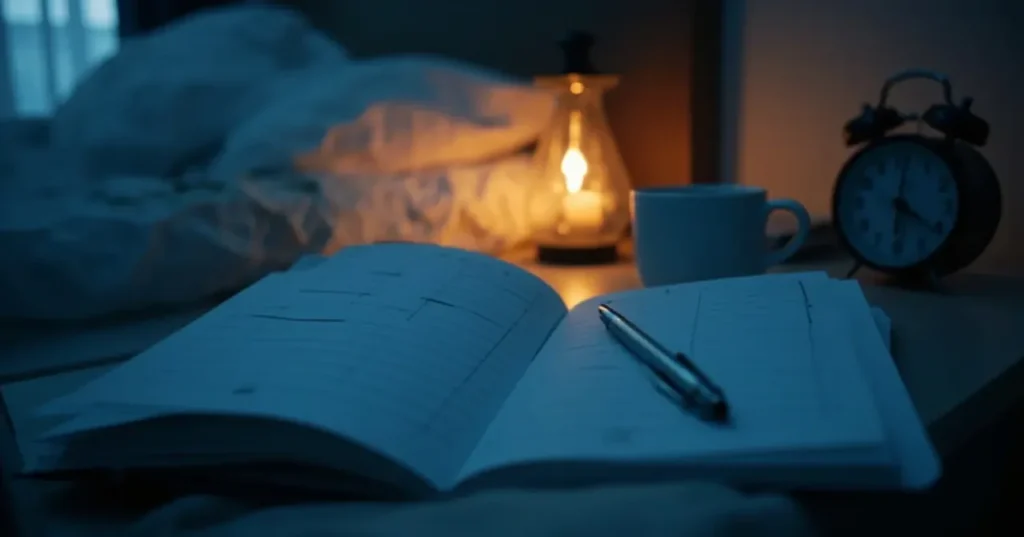 Scène nocturne sur table de chevet, carnet sommeil et thé