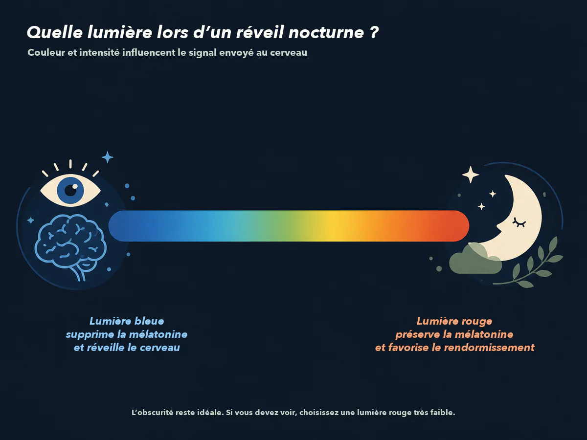 Infographie : la lumière bleue supprime la mélatonine et réveille le cerveau, la lumière rouge la préserve et favorise le rendormissement