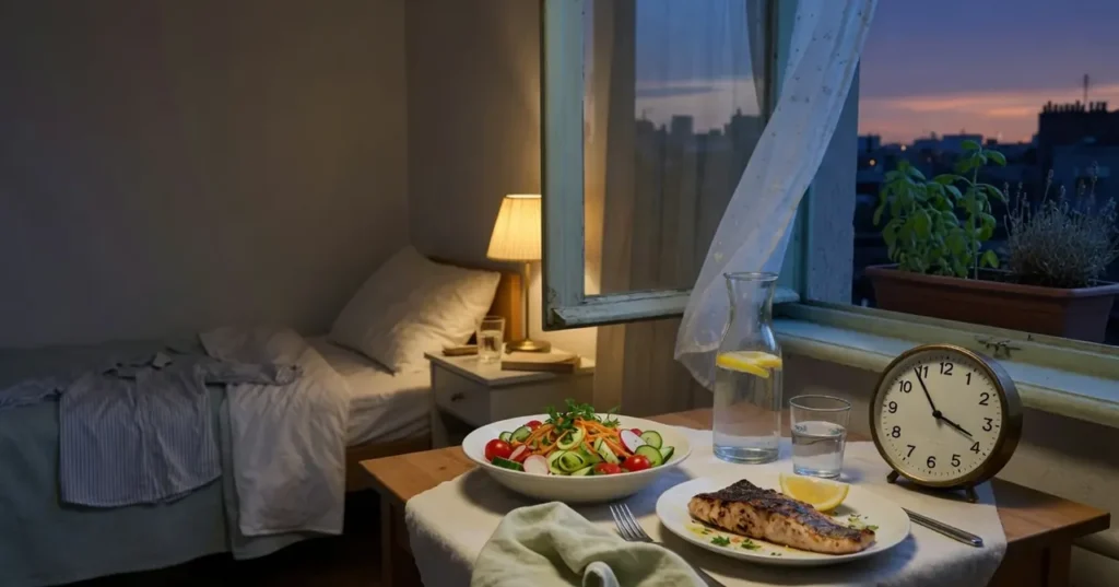 Dîner léger près d’une fenêtre ouverte, chambre prête au sommeil