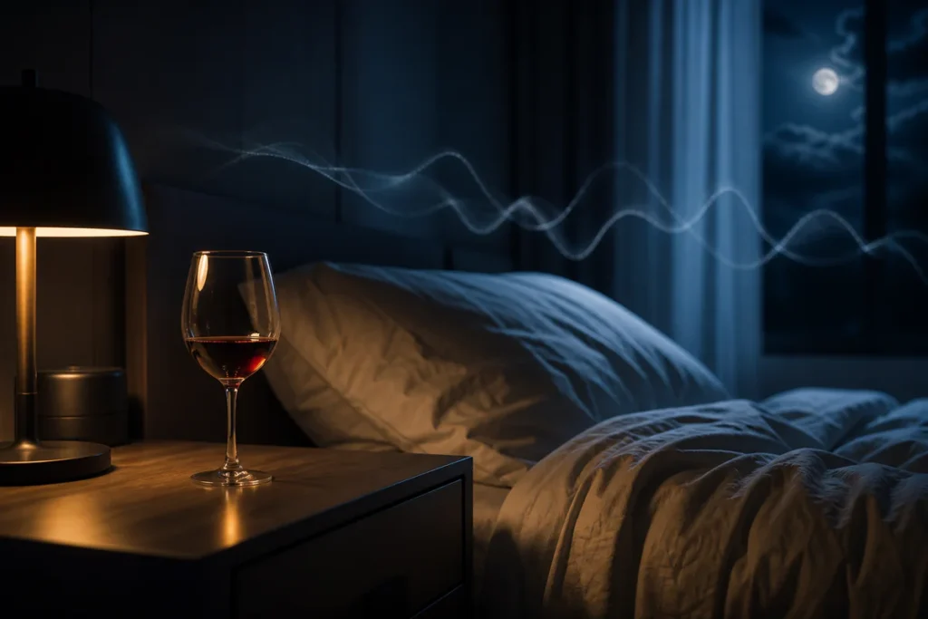 A dimly lit bedroom with a wine glass on a bedside table, symbolizing how alcohol can make sleep feel easier at first but dis