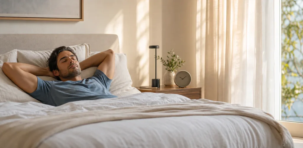 Person taking a peaceful afternoon nap in a calm bedroom with a bedside clock, illustrating the benefits and limits of a one-