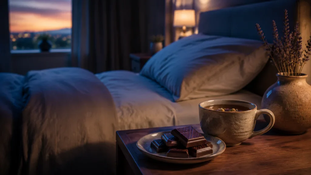 Quelques carrés de chocolat noir posés sur une table de chevet près d'une tisane, dans une chambre éclairée par une douce lum