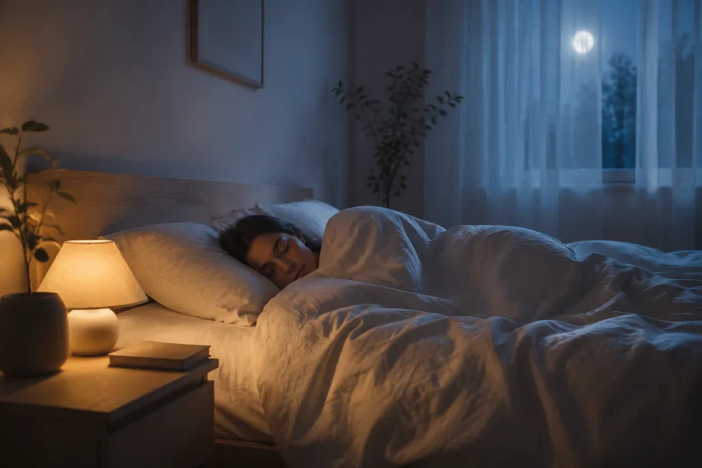 Personne endormie paisiblement dans une chambre calme et cocooning, éclairée par une lumière douce et chaude, illustrant l'en