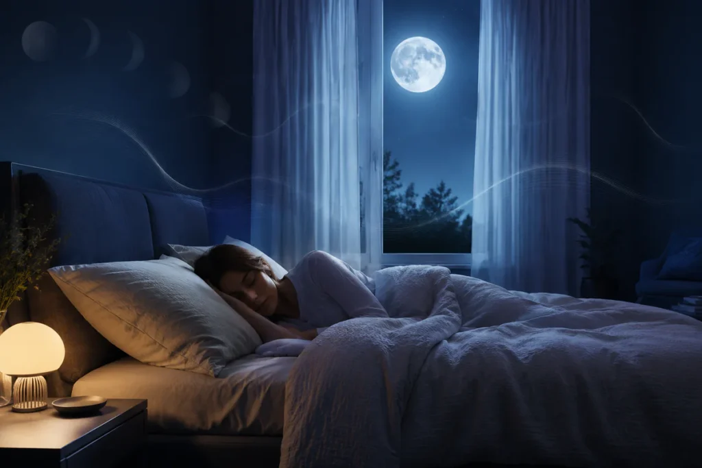 A peaceful bedroom at night with soft full-moon light coming through the window and a person sleeping calmly, symbolizing the